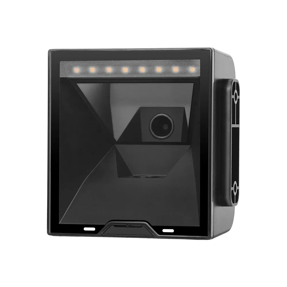 Embedded barcode scanner front view with camera lens, LED strip, and side connectors