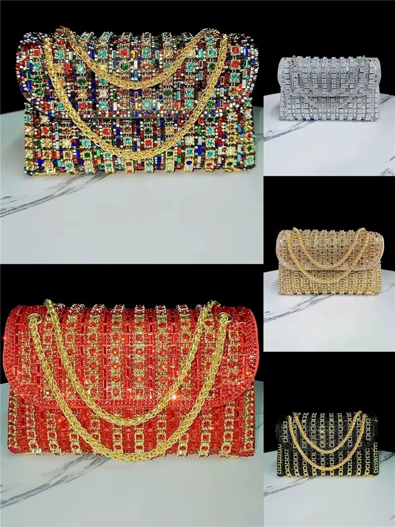 Multicolor crystal rhinestone evening crossbody bag with gold chain strap, luxury trunk style ladies' shoulder purse.