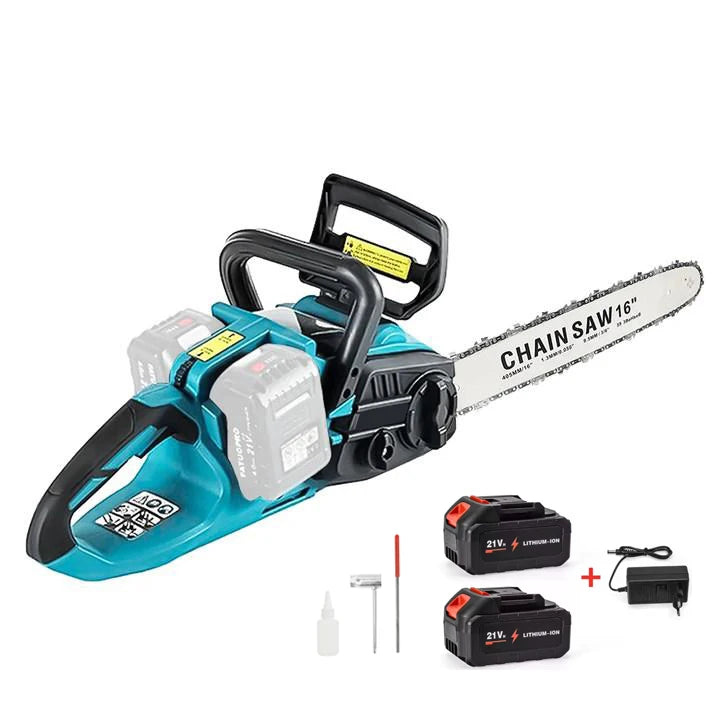 Cordless chainsaw with 16-inch bar, teal/black body, front handle and safety guard
