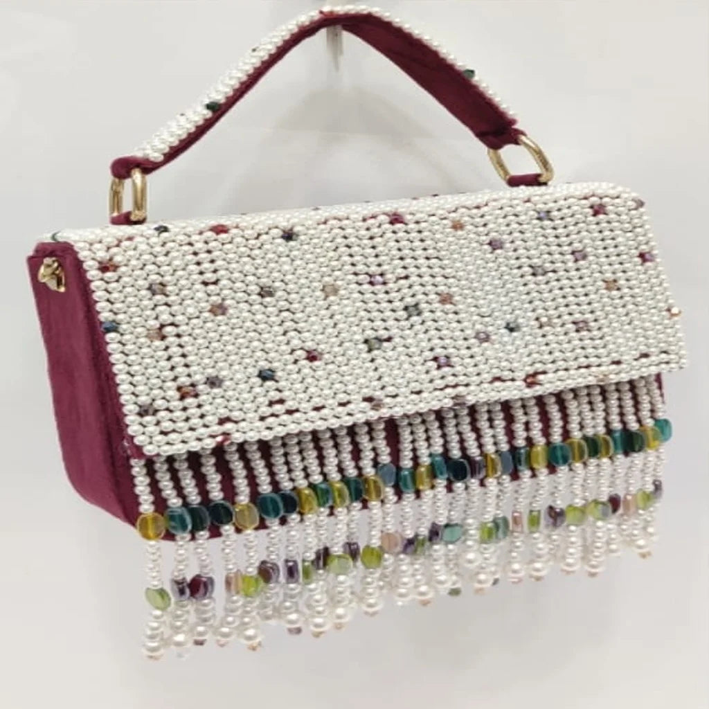 Luxury Embroidery Pearl Beaded Handbag Handmade Crystal Tassel Fringe Evening Clutch Portable 7 Inch Elegant Wedding Party Purse