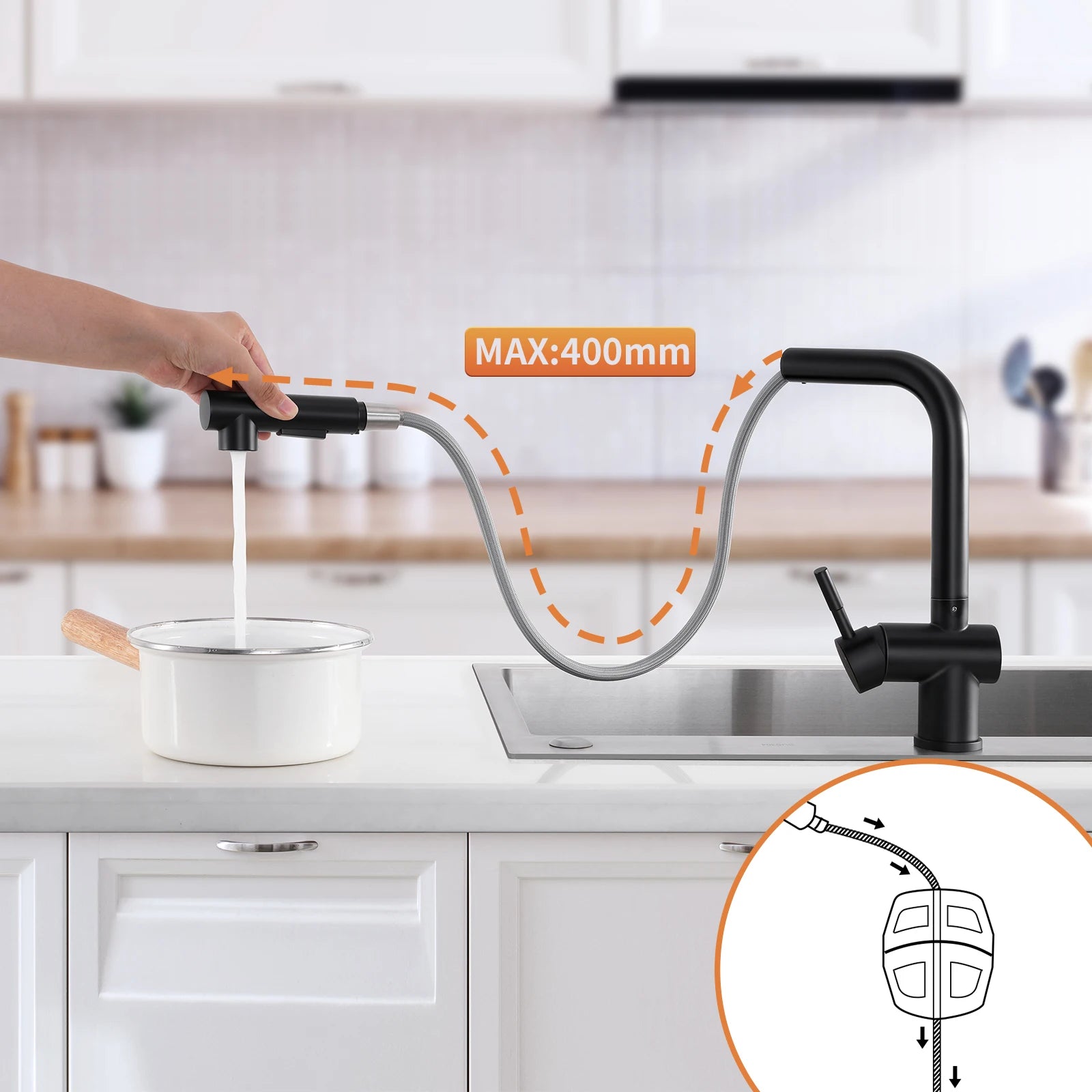 Kitchen Tap Black, L-Shape Pull Down Kitchen Faucet 360 Swivel, 3 Modes Spray Hot Cold Water Mixer, 304 Stainless Steel Sink Mixer, Neoperl PEX Hose, Standard G3/8 Modern Home Laundry Deck Mounted Matte Black Tap