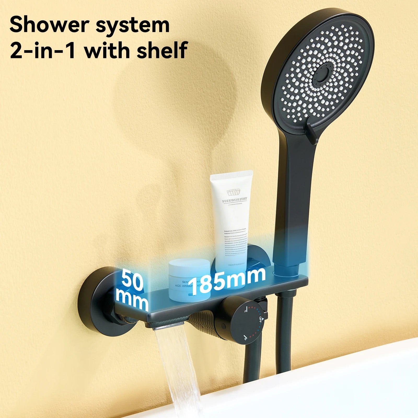 Bathtub Shower Faucet, Wall-mounted Bathtub Mixer Taps with 5-Mode Hand Shower, Hose and Wall Bracket, Black, Brass Body