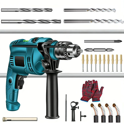Teal and black electric impact drill with bit set and wall anchor accessories