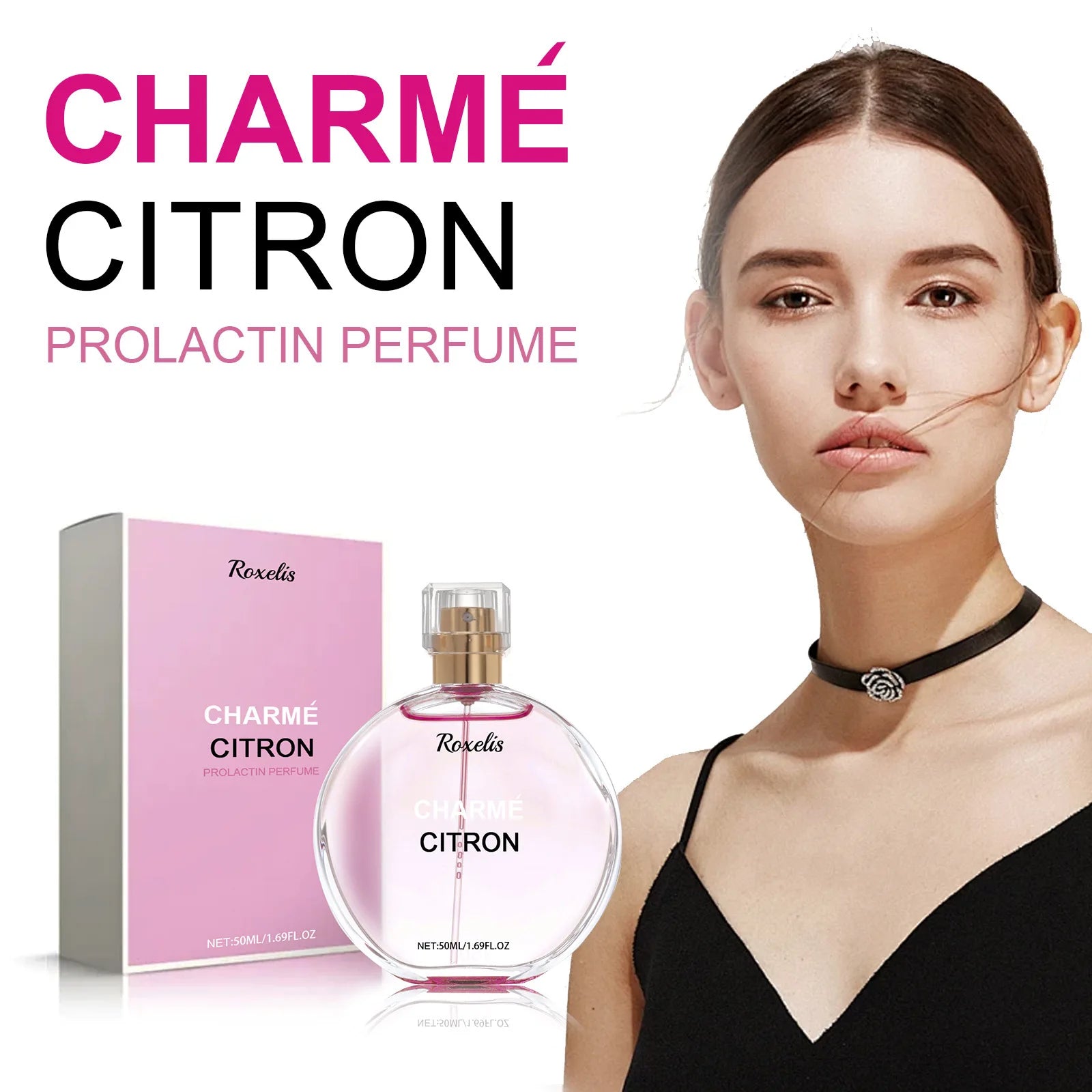 Roxelis Charme Citron 50ml floral pheromone perfume for women in a round glass bottle for long-lasting fresh scent.