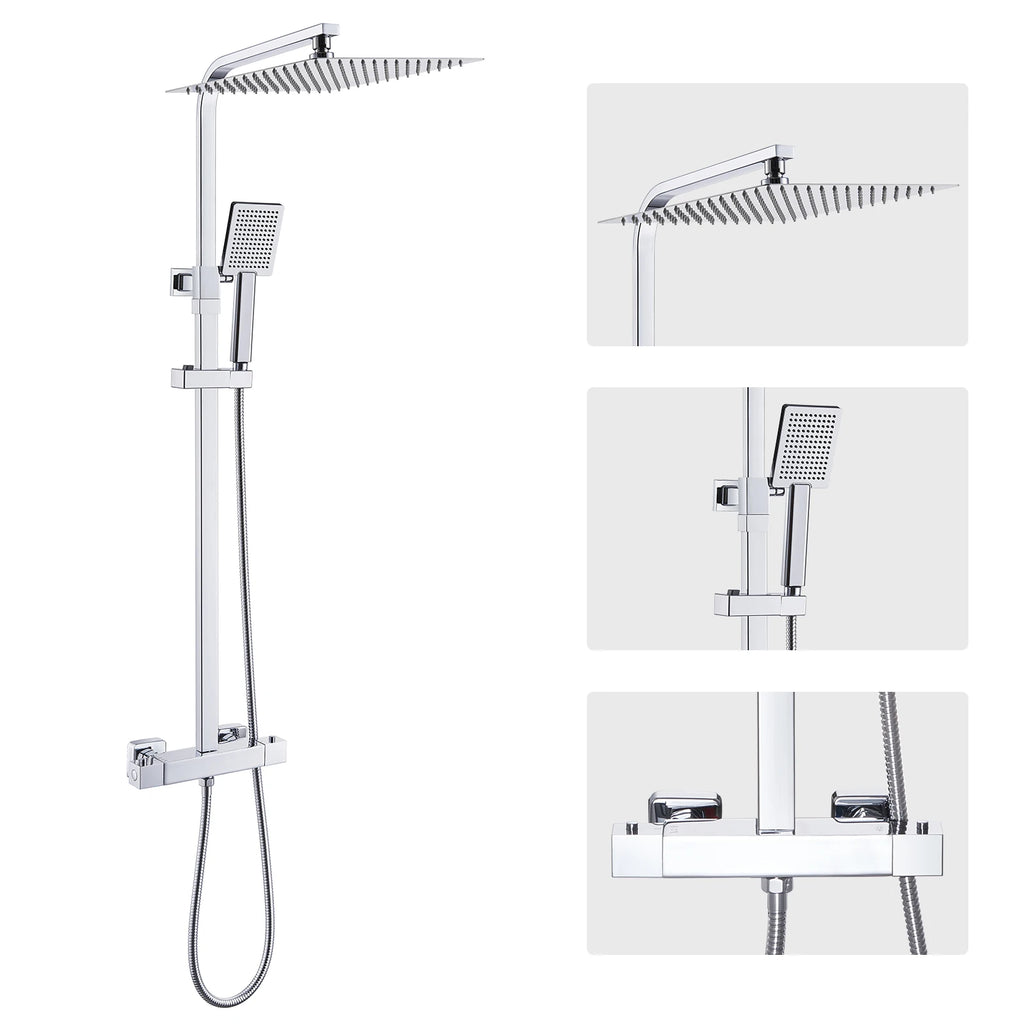 Auralum Thermostatic Shower Column, 38°C Thermostatic Mixer, Stainless Steel Shower System, Brass Faucet,12 inch, Chrome