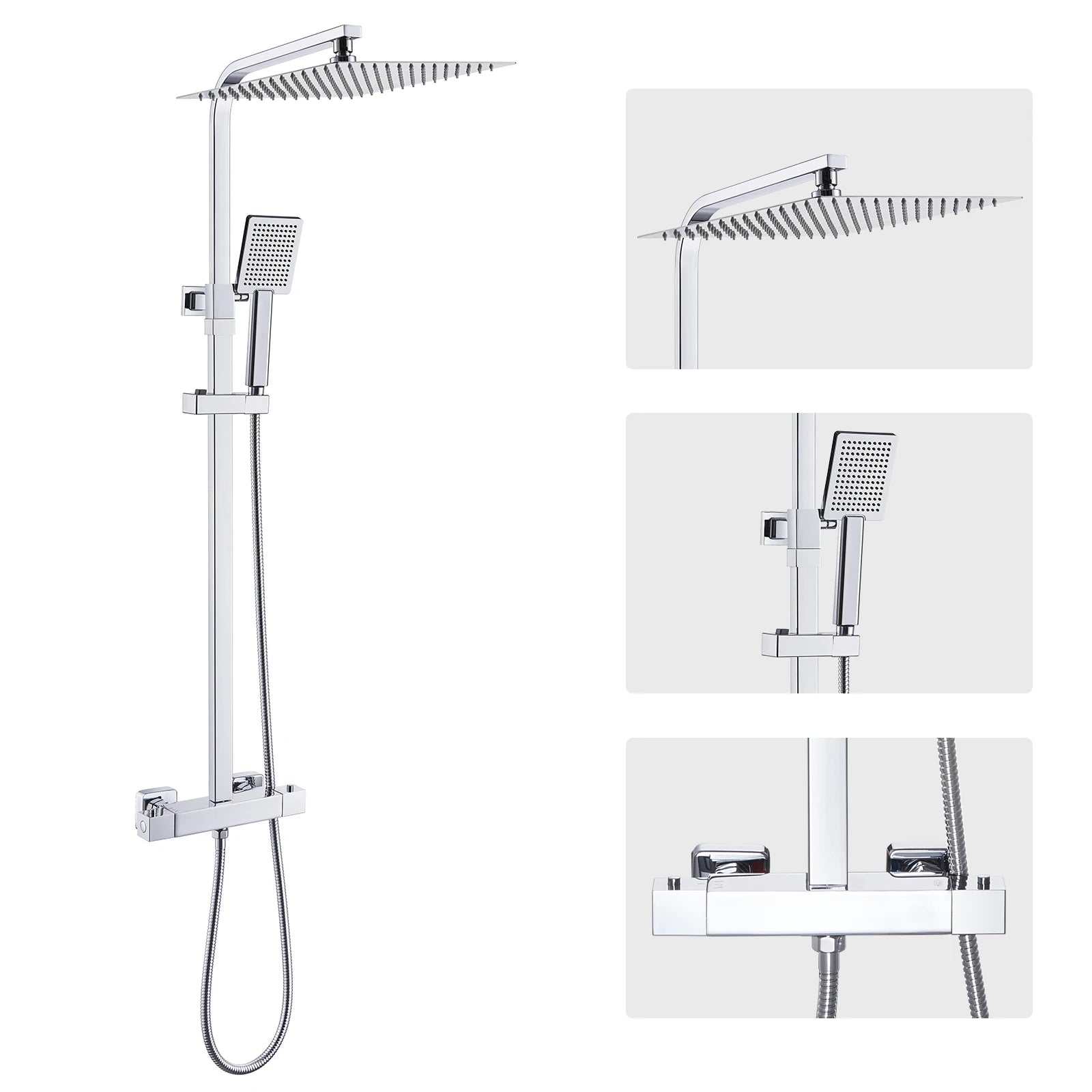 Auralum Thermostatic Shower Column, 38°C Thermostatic Mixer, Stainless Steel Shower System, Brass Faucet,12 inch, Chrome