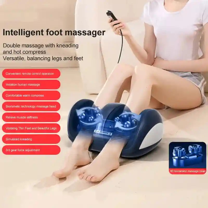 Electric shiatsu foot and leg massager with heated rollers, remote control, and deep kneading for muscle pain relief.