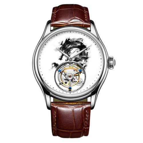 Classic 7011 men's luxury watch with brown leather strap, silver case, white dragon dial, and visible tourbillon movement.