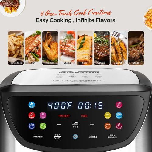 Black air fryer with large digital display and touch controls, front view
