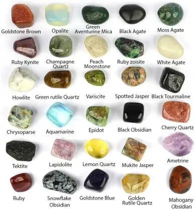 Assorted gemstone samples with round polished stones and labels