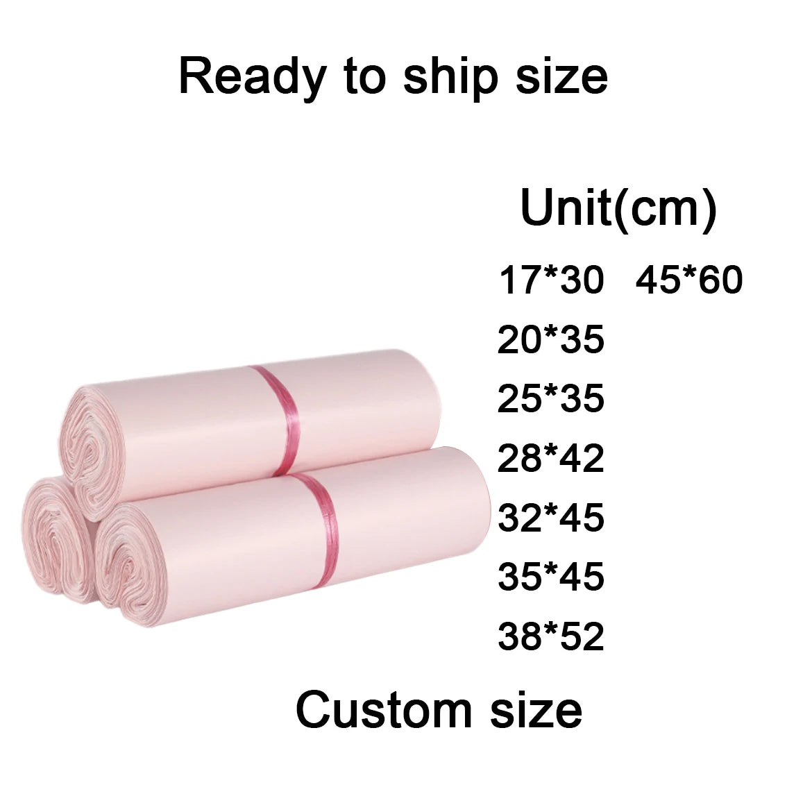 Poly mailer bag size chart showing rolled pink bags and unit(cm) ready-to-ship sizes