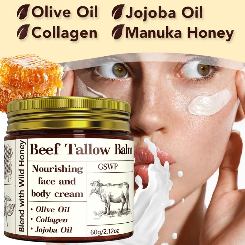 GSWP Beef Tallow Moisturising Cream, containing honey and collagen, provides deep hydration. Gentle and non-irritating.60g/120g