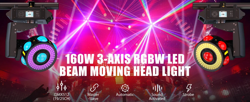 Fieryzeal 160W RGBW Beam Moving Head Light 3-Axis LED Stage Light 360 Rotation DMX Strobe Effect for DJ Disco Wedding Party
