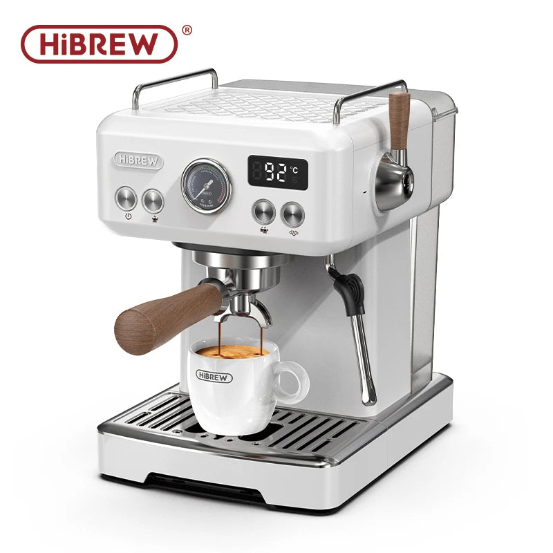 HiBREW white espresso coffee machine with digital display, pressure gauge, and wood-accented portafilter handle.