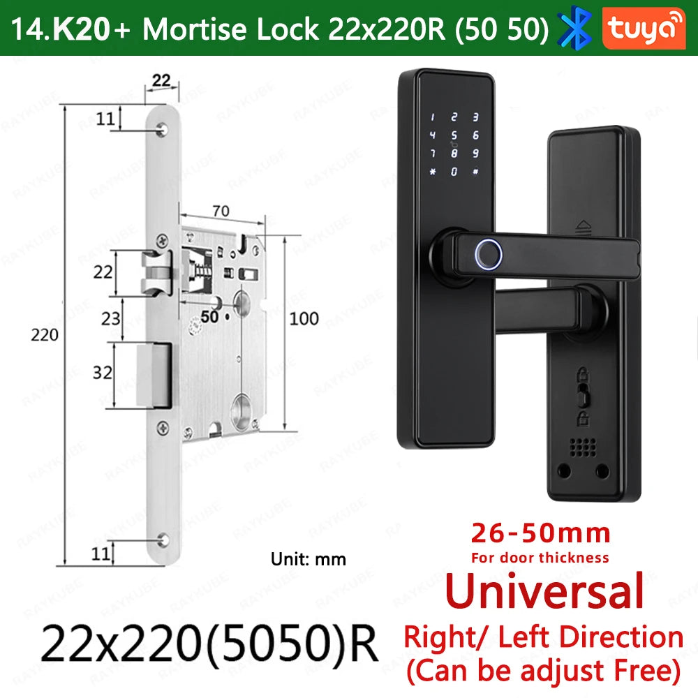RAYKUBE K20 9-language Biometric Fingerprint Door Lock Electronic Door Lock with  Tuya APP/IC Card/Password/ Key Unlock
