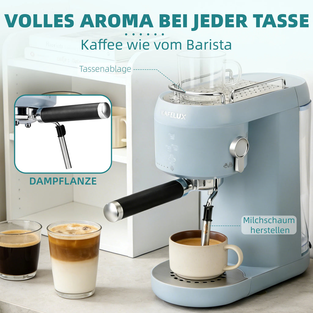 Kafelux light blue espresso machine with milk frother, cup warmer, and portafilter for barista-quality coffee.