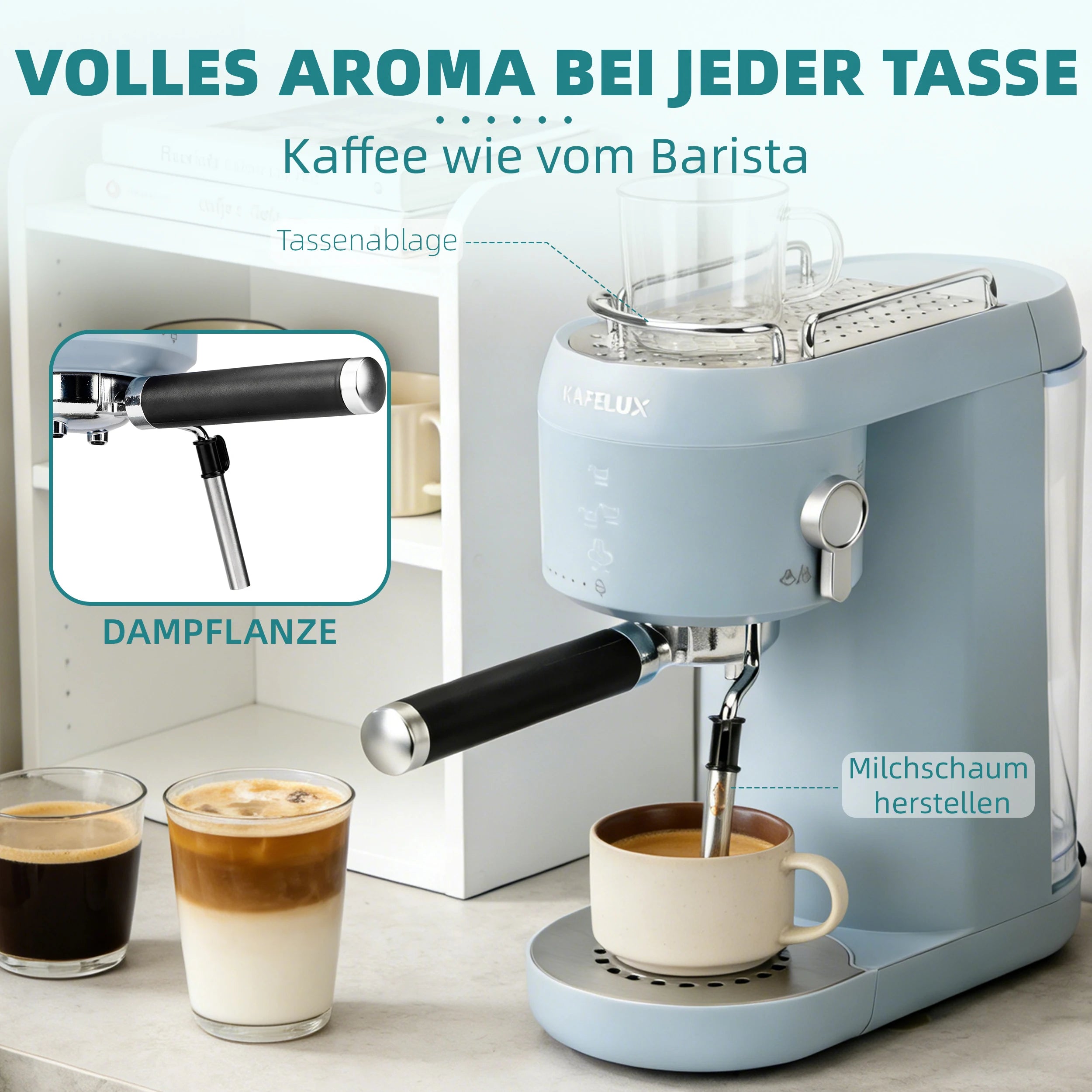 Kafelux light blue espresso machine with milk frother, cup warmer, and portafilter for barista-quality coffee.