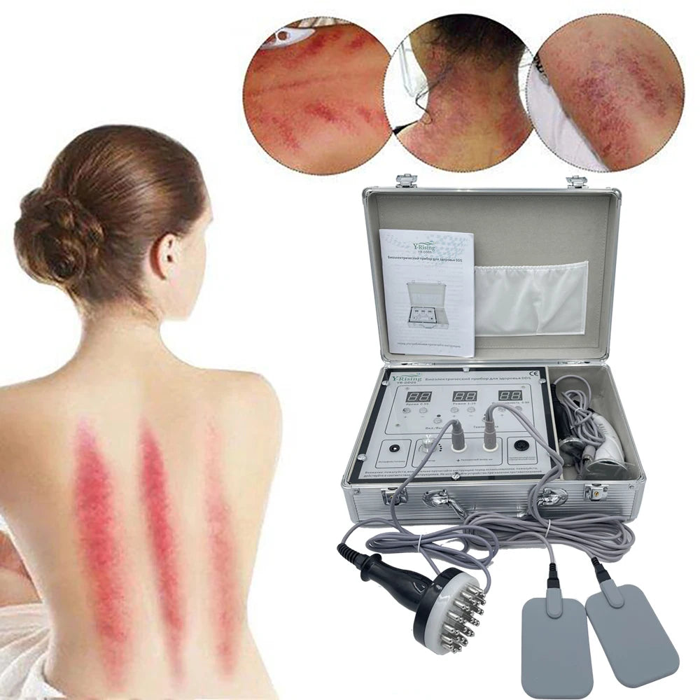 DDS bioelectrical body therapy device in portable metal case with electrodes and massager head for pain relief.