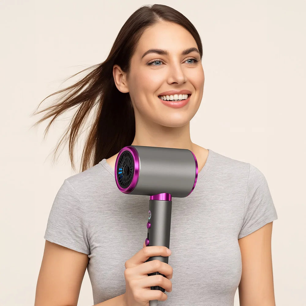 Woman using a professional 2400W grey and purple high-speed negative ion hair dryer for quick, smooth styling.