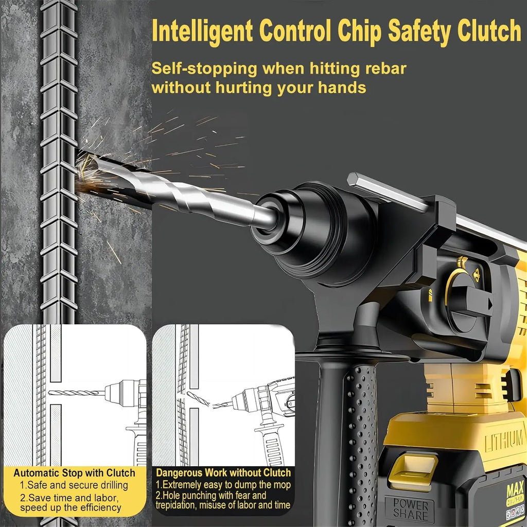 26MM Brushless Electric Hammer Drill Cordless Rotary Hammer High Power Rechargeable Power Tool Multifunctional Impact Drill for Concrete Wood Metal Compatible with Dewalt 18V Battery Home Workshop Construction Use