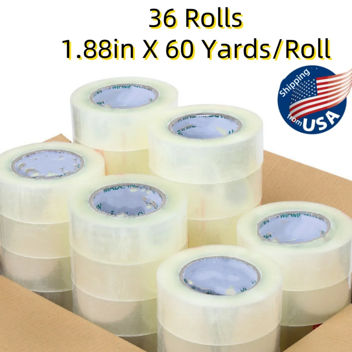 Clear waterproof packing tape rolls, 1.88in x 60 yards, stacked bundle