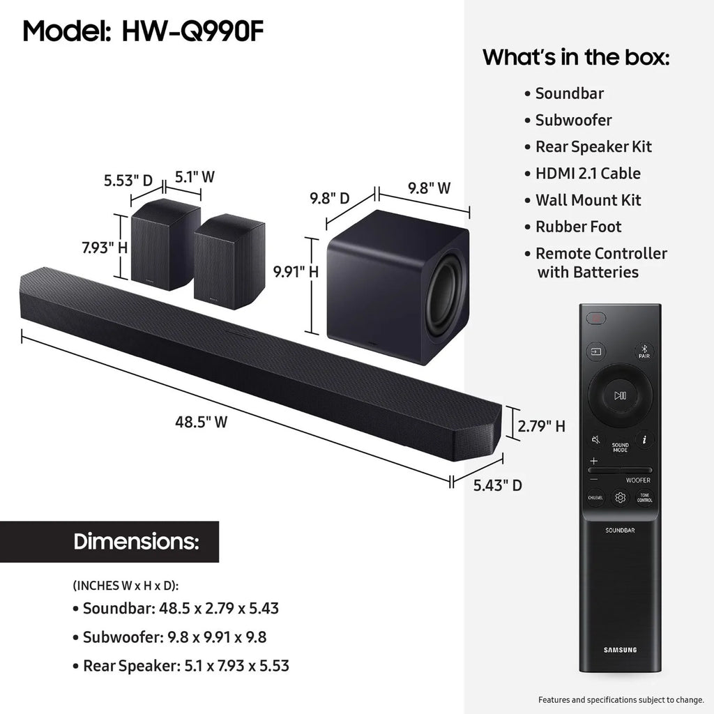 Samsung HW-Q990F 11.1.4Ch Wireless Soundbar System with Dolby Atmos, Subwoofer & Rear Speakers, Q-Symphony, Adaptive Sound, Game Mode Pro
