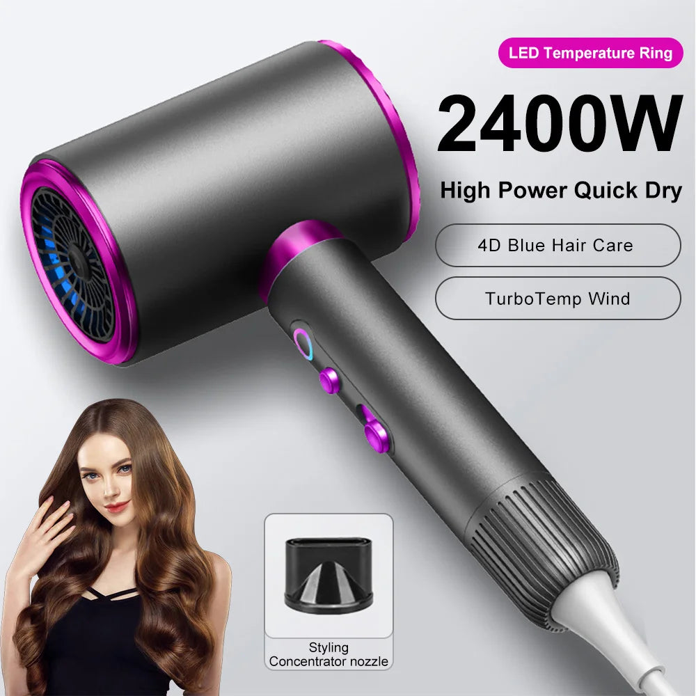 2400W grey hair dryer with purple accents, LED ring, and styling nozzle for fast, professional-grade quick drying.
