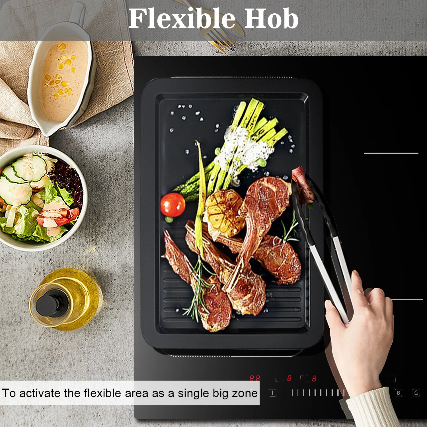 Black induction flex-zone cooktop with large heating area and hand adjusting controls