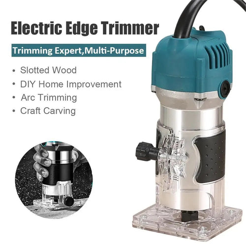 Teal electric edge trimming router with clear base, side handle, and mounted cutting bit