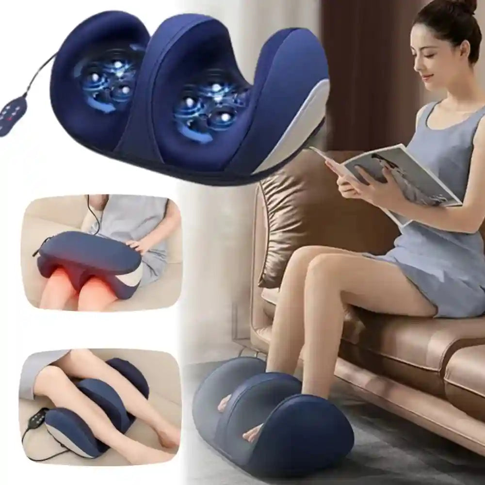 Blue electric shiatsu foot and leg massager with heat rollers for deep tissue calf relaxation and pain relief.