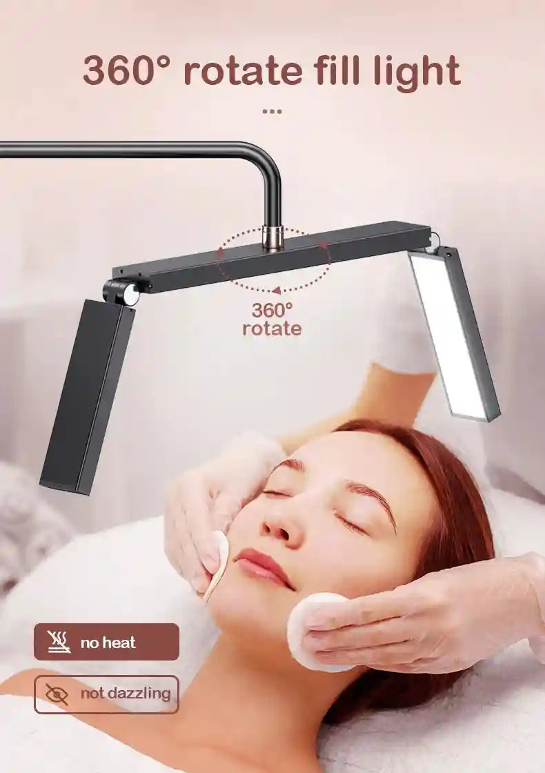 Black 360-degree rotating LED task light with adjustable side panels, used for skincare and beauty treatments.