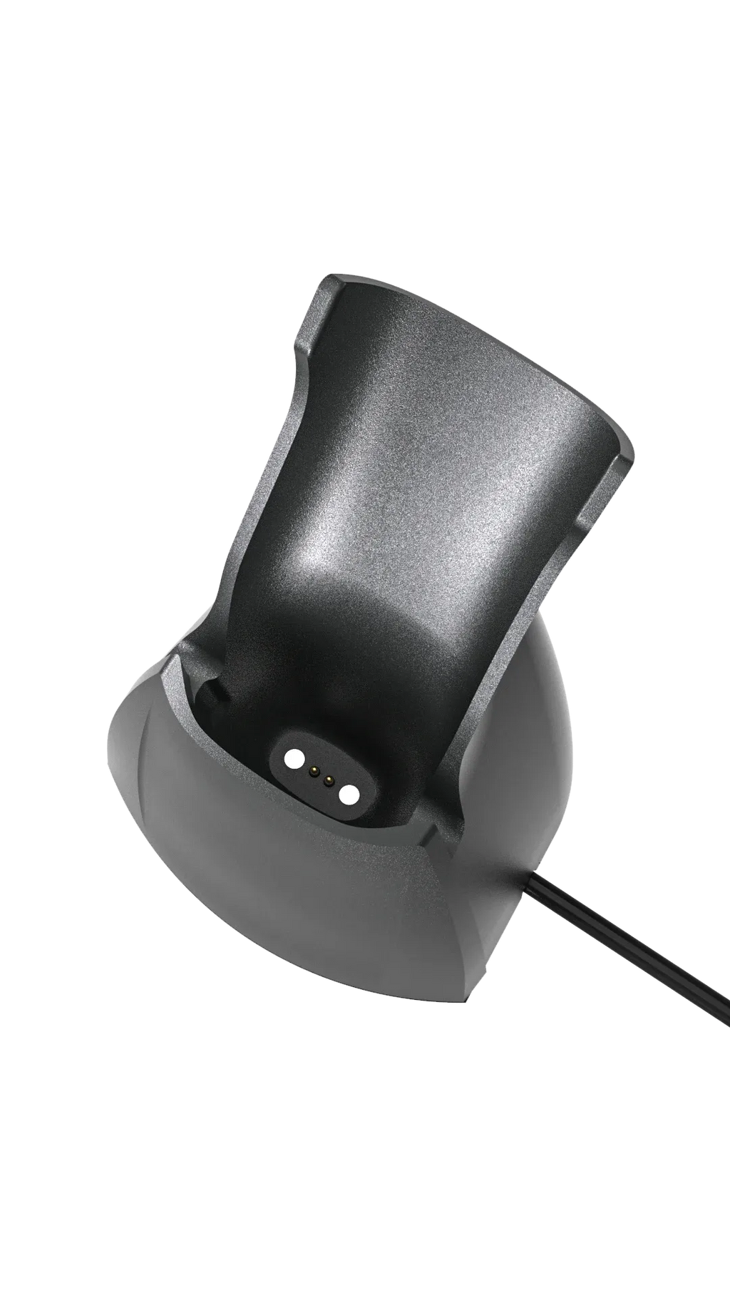 Barcode scanner charging base side view with two indicator dots and charging slot