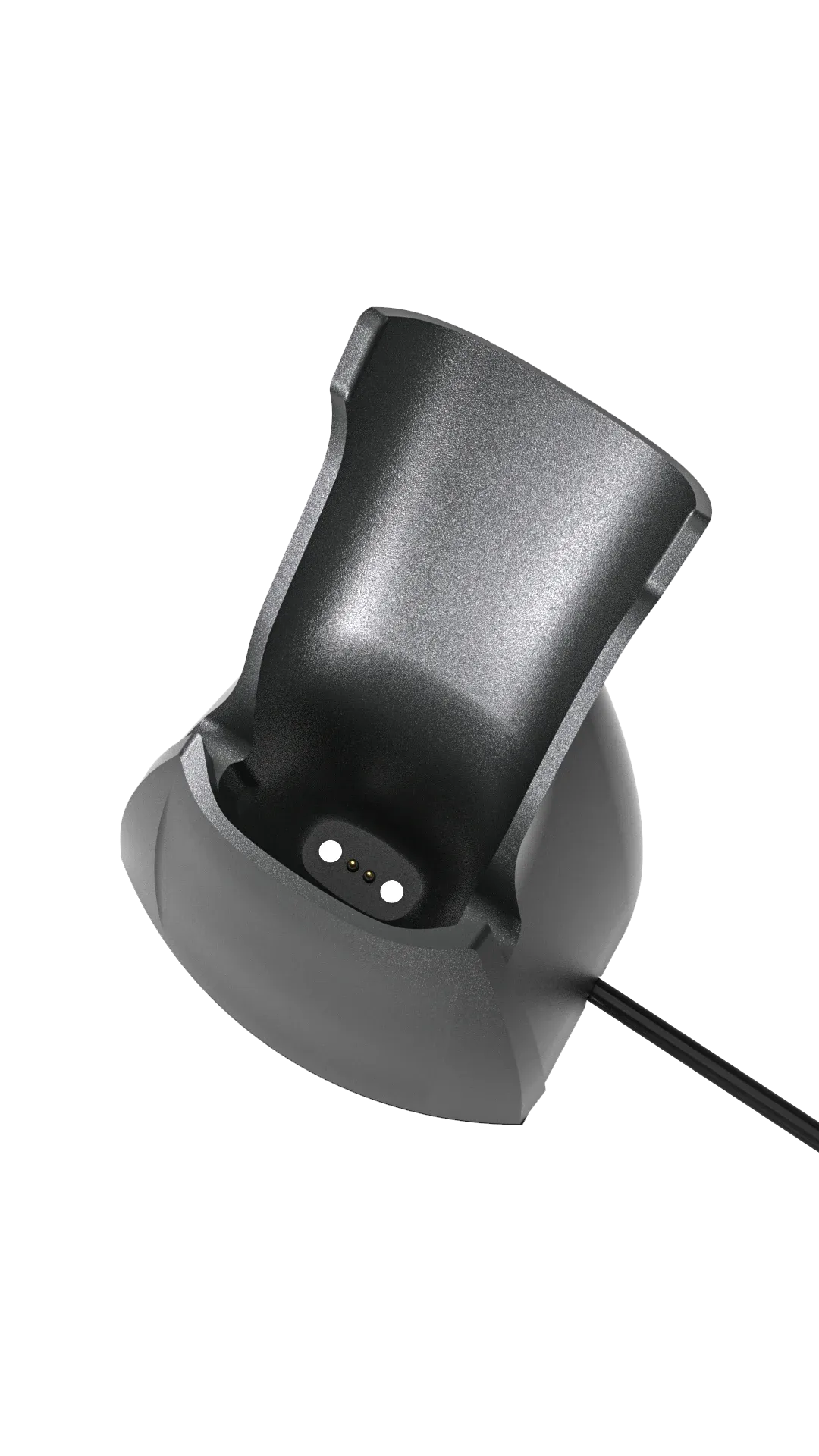Barcode scanner charging base side view with two indicator dots and charging slot