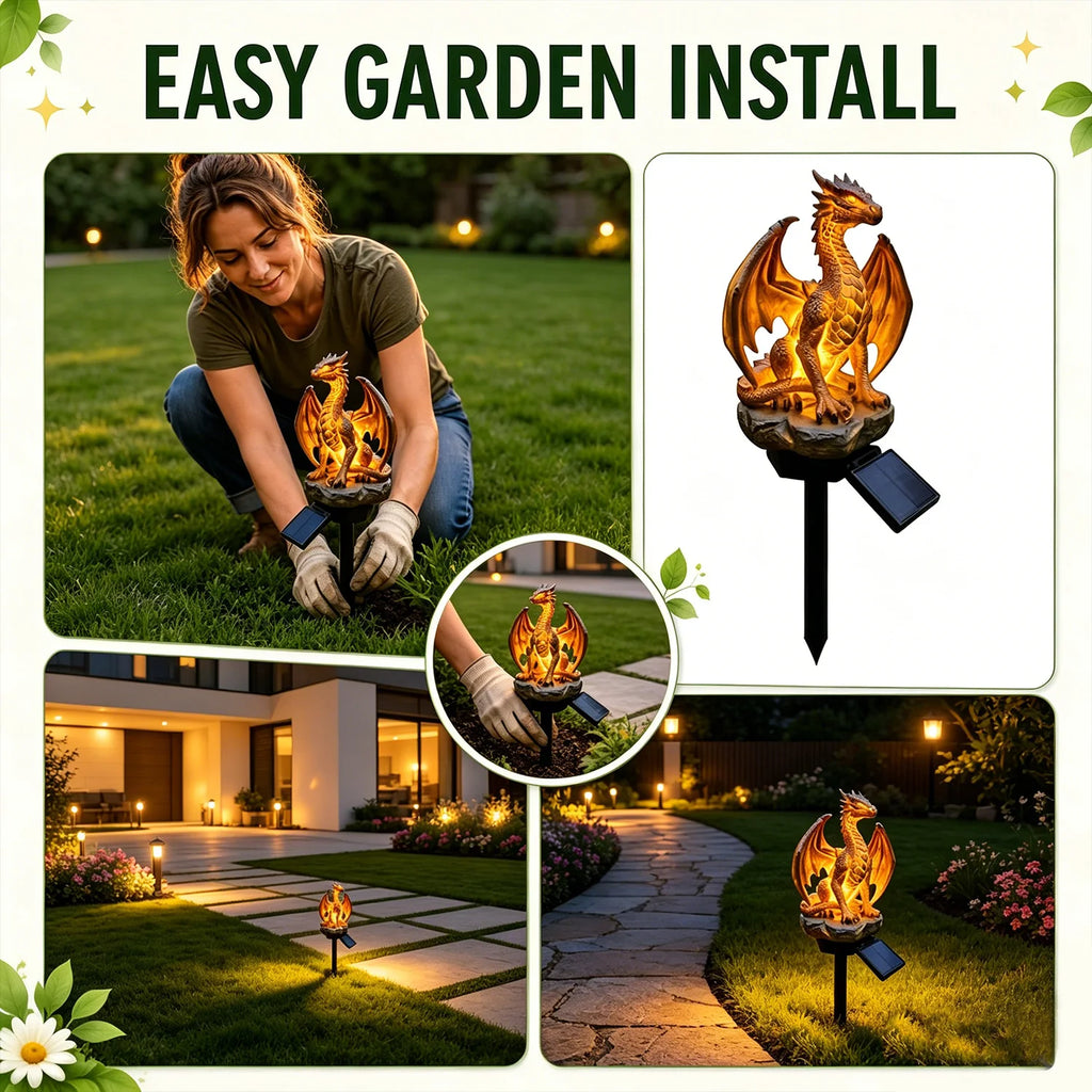 Fantasy Dragon Sculpture Solar Ground Stake Light, High Density Resin Waterproof Solar LED Lawn Lamp, No Wiring Auto Dusk to Dawn Outdoor Decor Light for Garden Walkway Backyard Landscape Decoration