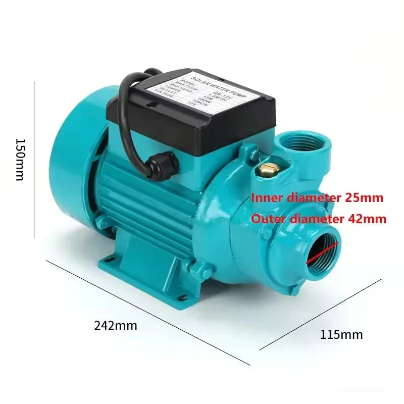 Blue compact water pressure booster pump with labeled inner/outer diameter ports