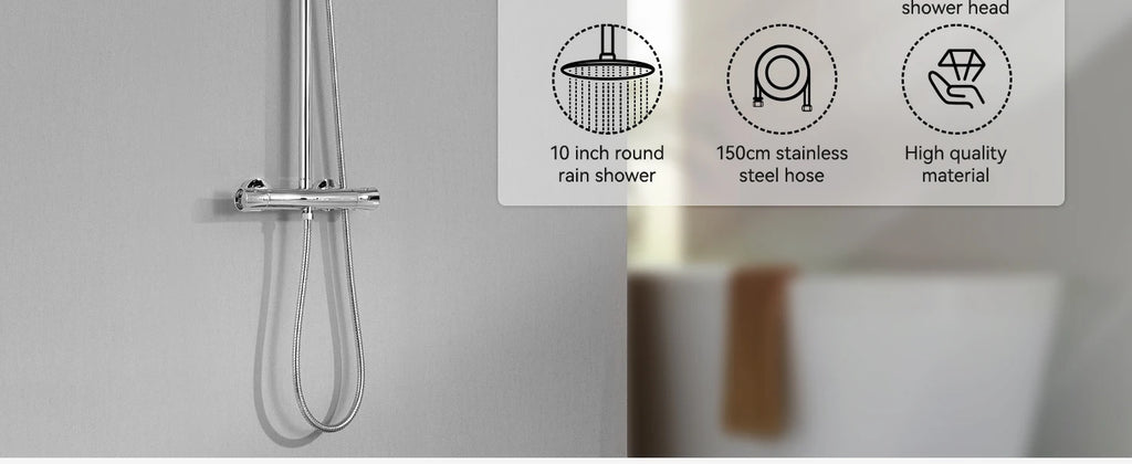 Auralum Shower Column With Thermostatic Tap, 38°C Brass Mixer, Shower Head 25 × 25 Cm, Height Adjustable 102-125cC, Chrome