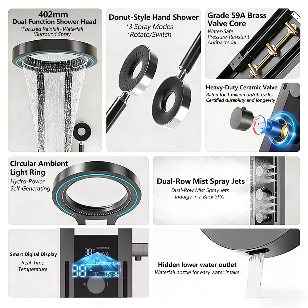 Bathroom Light Shower Faucet Panel LED Digital Display Shower Faucet Set Shower Screen Waterfall Wall Mounted Shower System Set