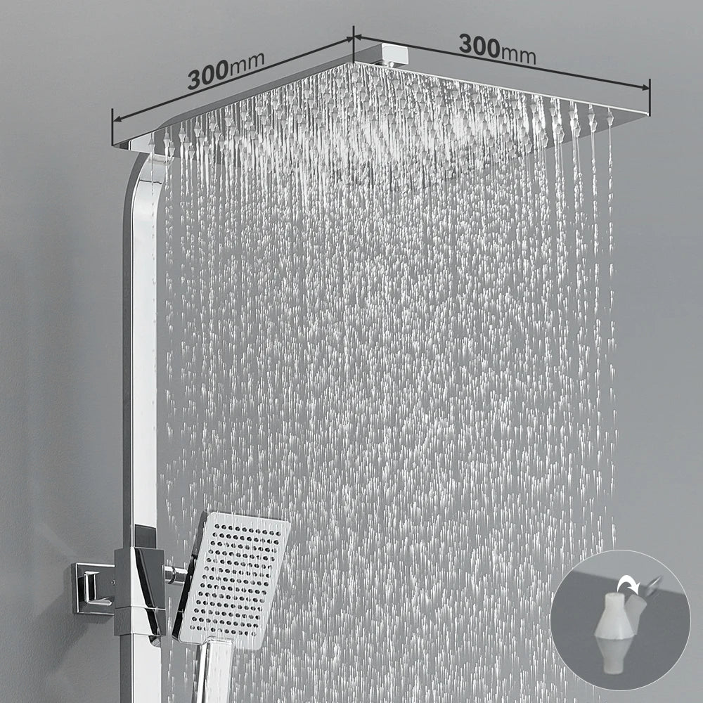 Auralum Thermostatic Shower Column, 38°C Thermostatic Mixer, Stainless Steel Shower System, Brass Faucet,12 inch, Chrome