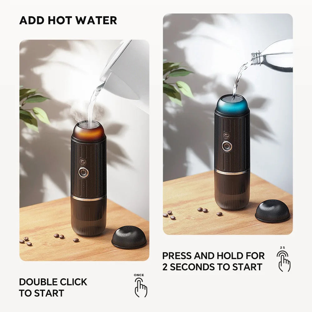 Portable black electric coffee maker with light indicator being filled with water and instructions for use.