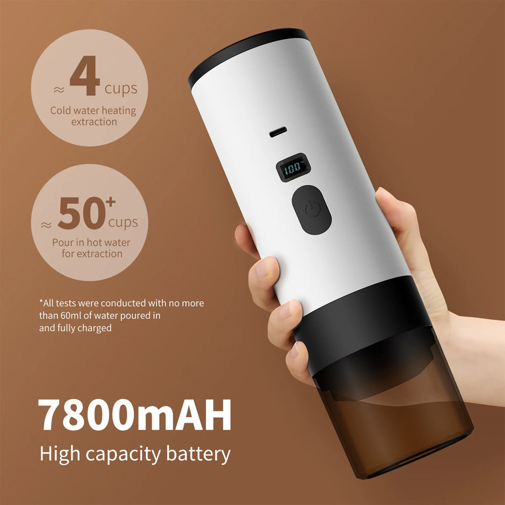 Portable white electric espresso maker with 7800mAh battery, digital temp display, and 60ml capacity for travel.