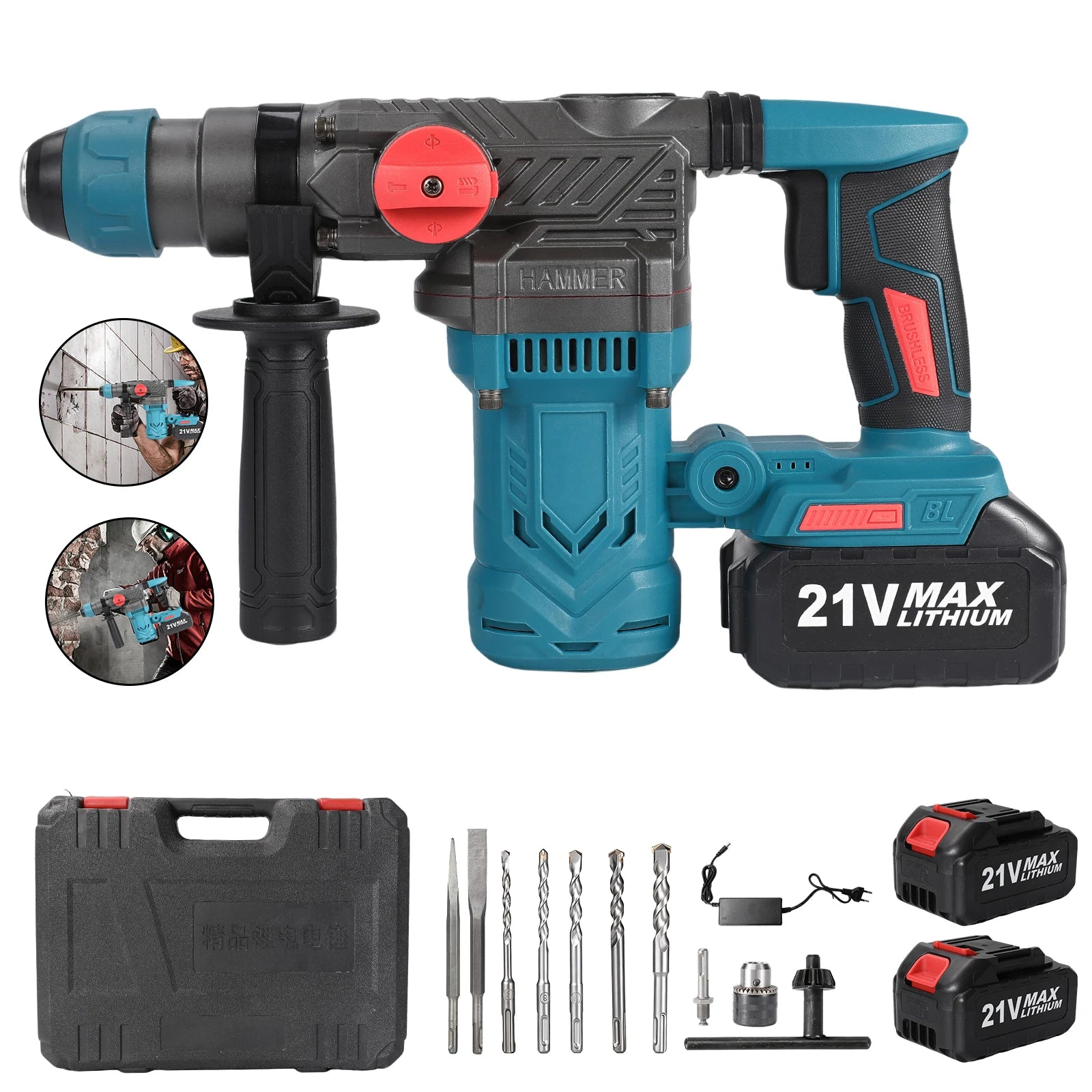 Brushless Electric Hammer Drill Multi-function Rotating Power Screwdriver 26MM Wireless Hammer Drill Tool Compatible with Makita 21V Battery