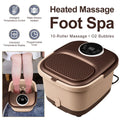 A brown and beige rectangular electric foot spa with a digital control panel and internal massage rollers.
