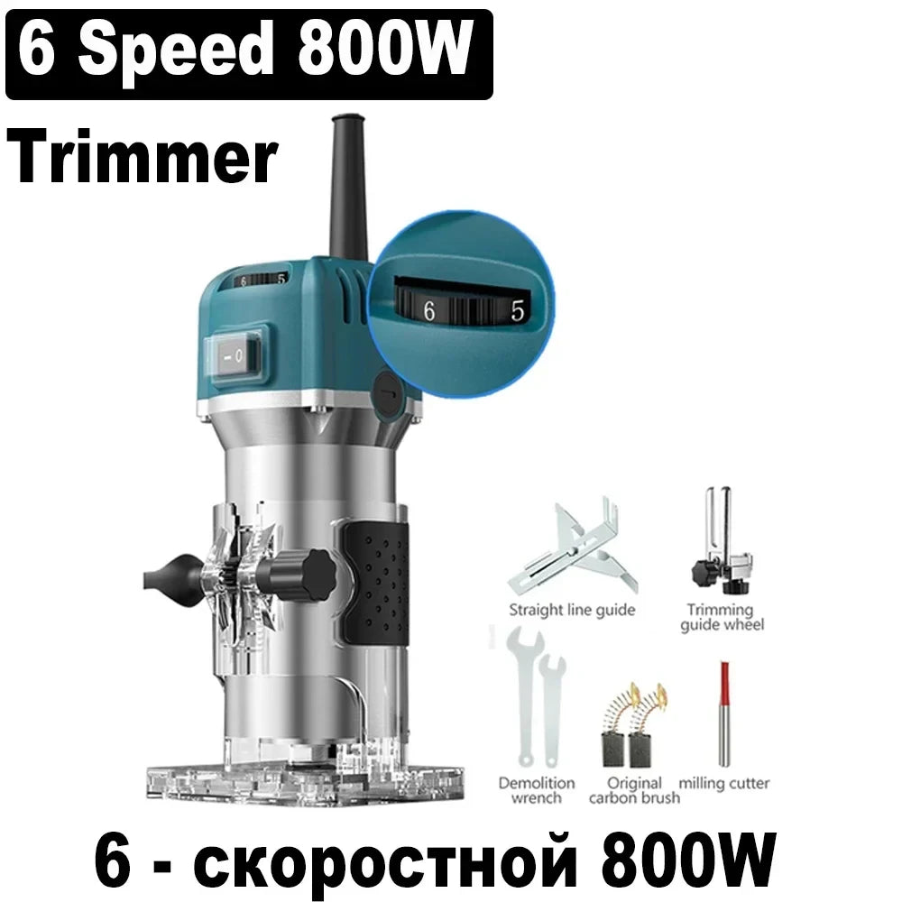 Teal wood trimmer router with speed dial and depth settings, side view