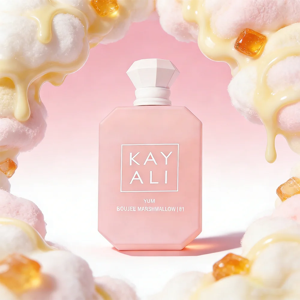 KAYALI Yum Boujee Marshmallow 81 EDP Intense: pink bottle, warm gourmand vanilla, amber, musk scent for women.