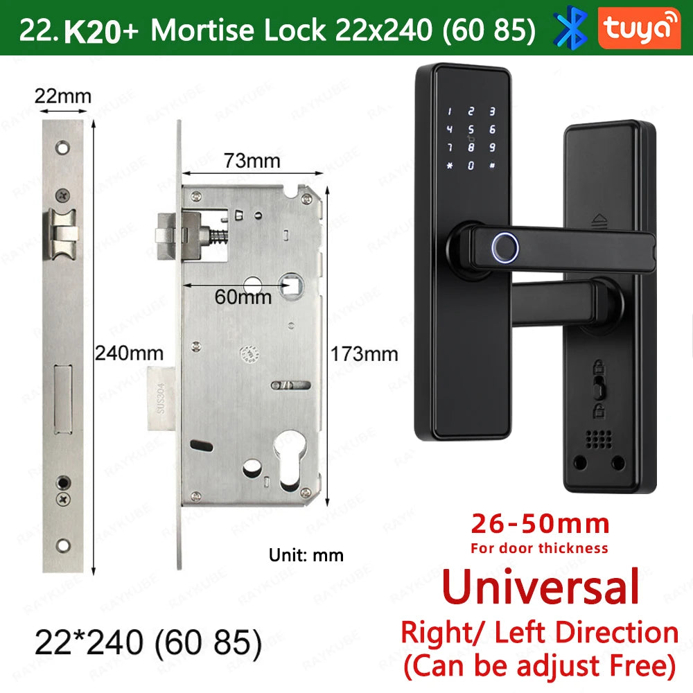 RAYKUBE K20 9-language Biometric Fingerprint Door Lock Electronic Door Lock with  Tuya APP/IC Card/Password/ Key Unlock