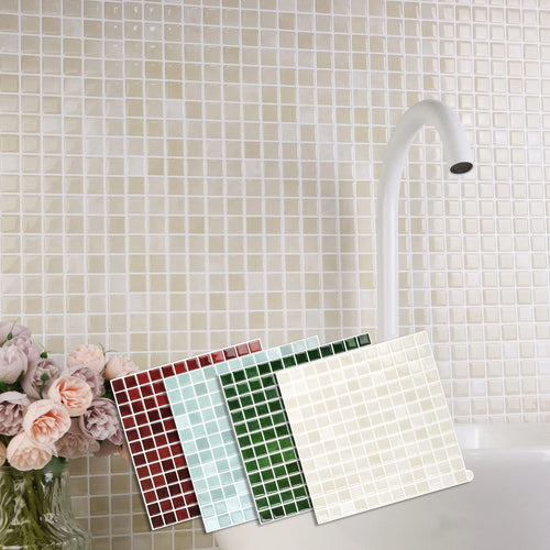 3D mosaic brick wall sticker sheets, red, light blue, green, and white square tile pattern.