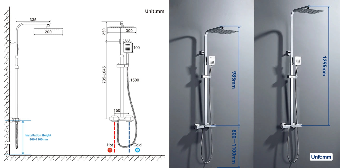 Shower Column with Thermostatic faucet, Wall-mounted Shower System, 30 × 20 cm Rain shower head, suitable for bathtubs