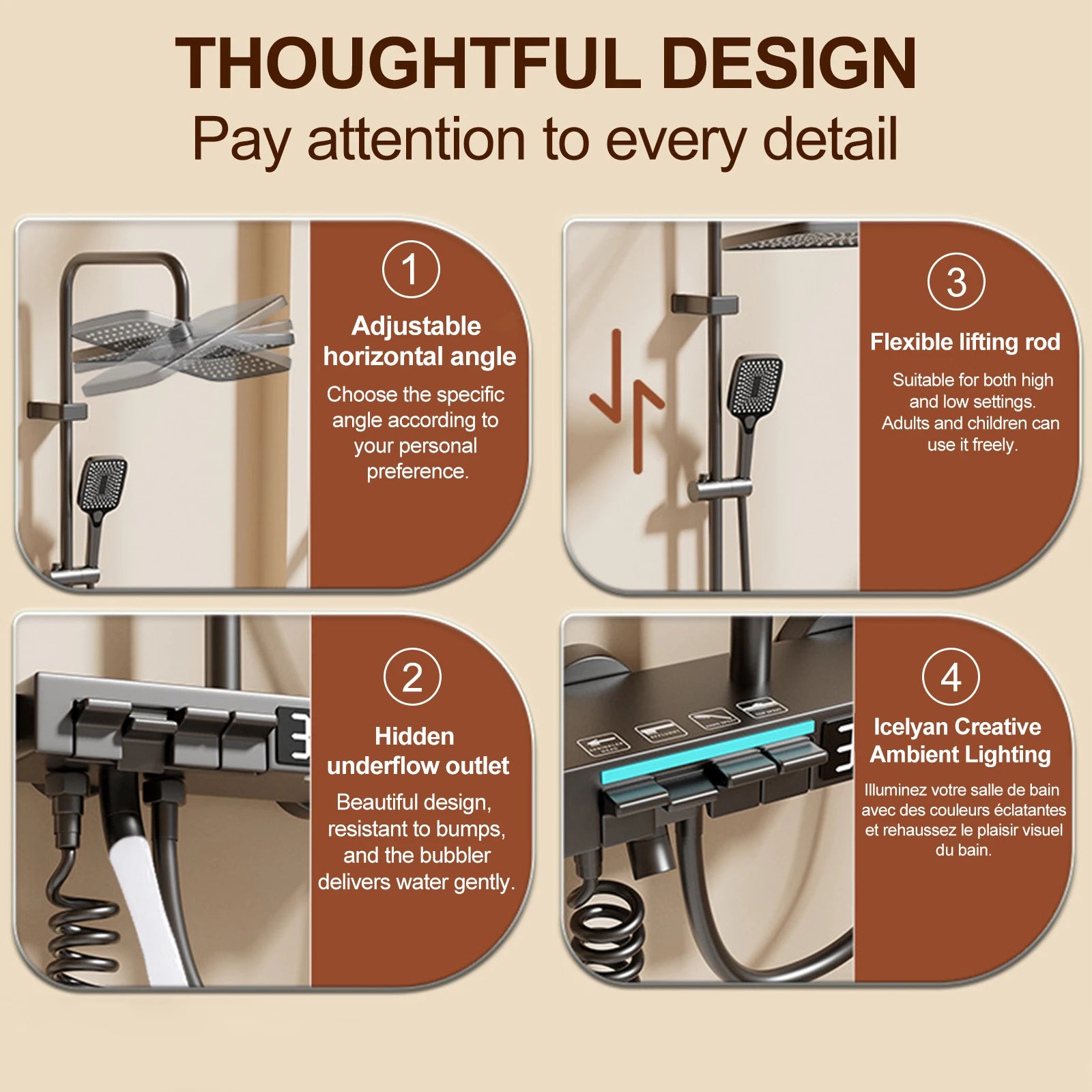 Thermostatic Rainfall Shower System with Digital Temperature Display, Handheld Shower Head Set, Adjustable Bathroom Shower Kit