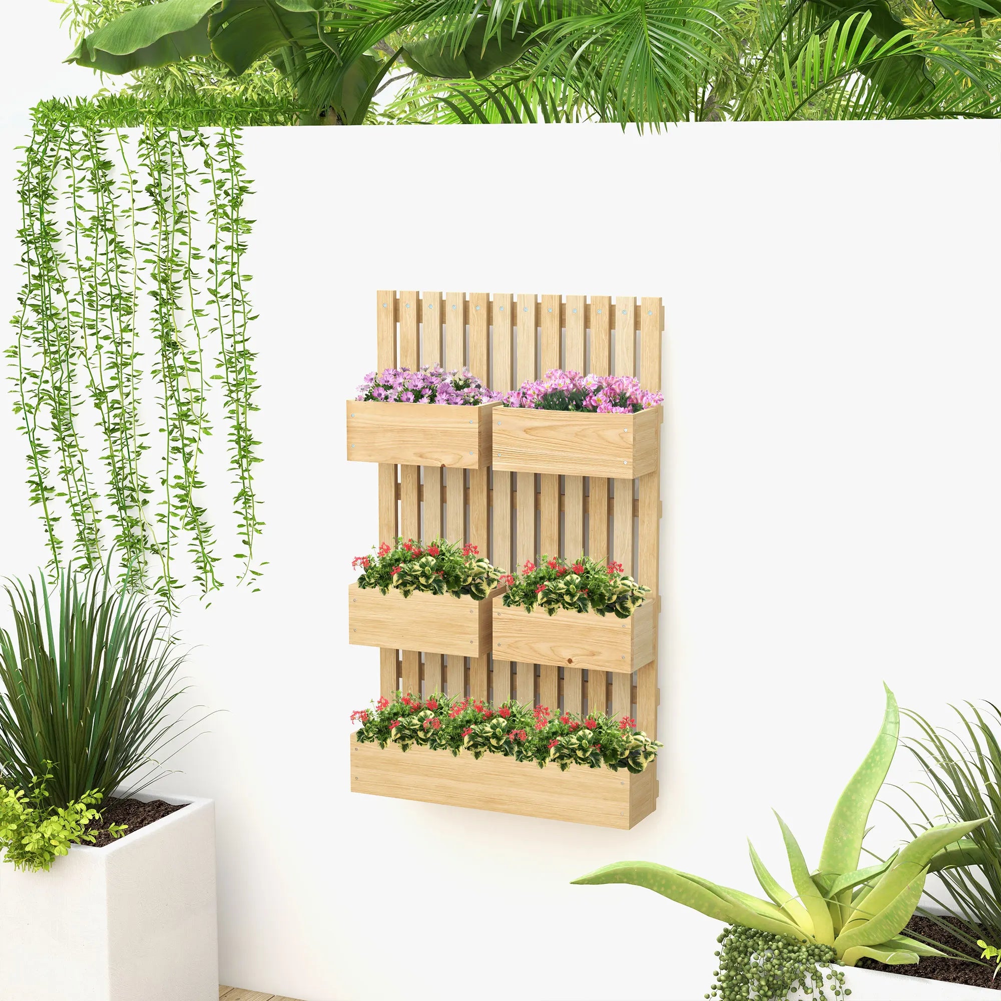 Solid Wood Wall Mounted Planter Furniture With Trellis 5 Removable Plant Boxes Vertical Jardiniere For Garden Balcony Herb Flower Growing