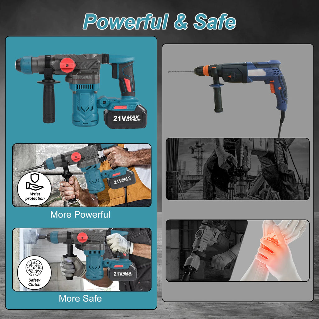Brushless Electric Hammer Drill Multi-function Rotating Power Screwdriver 26MM Wireless Hammer Drill Tool Compatible with Makita 21V Battery
